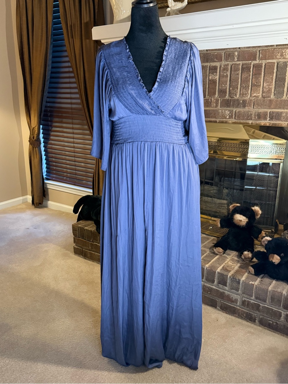 mittoshop Lavender-Blue V-Neck Maxi Dress with Smocked Waist